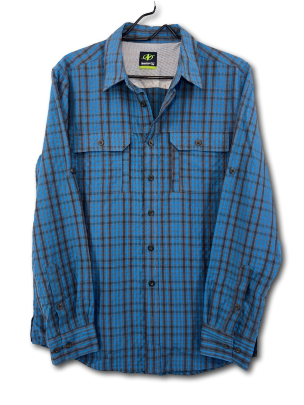 Nordic Track Camp Shirt Men's Large Plaid Blue Black Long Sleeve Outdoors